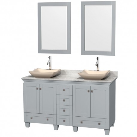 60 inch Double Bathroom Vanity in Oyster Gray, White Carrera Marble Countertop, Avalon Ivory Marble Sinks, and 24 inch Mirrors
