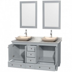 60 inch Double Bathroom Vanity in Oyster Gray, White Carrera Marble Countertop, Avalon Ivory Marble Sinks, and 24 inch Mirrors