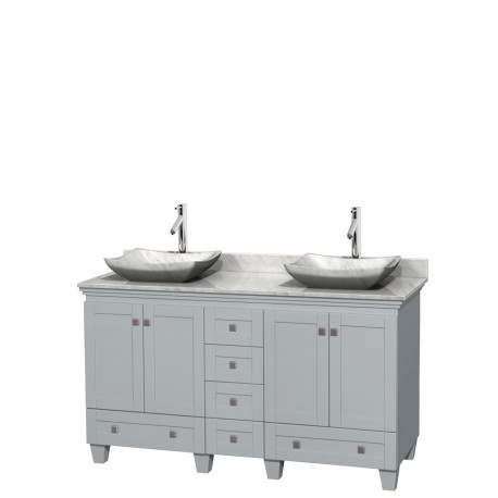60 inch Double Bathroom Vanity in Oyster Gray, White Carrera Marble Countertop, Avalon White Carrera Marble Sinks, and No Mirro