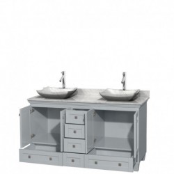 60 inch Double Bathroom Vanity in Oyster Gray, White Carrera Marble Countertop, Avalon White Carrera Marble Sinks, and No Mirro