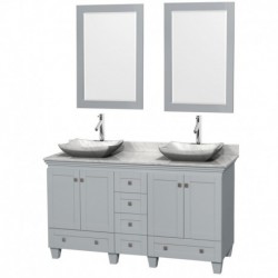 60 inch Double Bathroom Vanity in Oyster Gray, White Carrera Marble Countertop, Avalon White Carrera Marble Sinks, and 24 inch