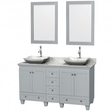 60 inch Double Bathroom Vanity in Oyster Gray, White Carrera Marble Countertop, Avalon White Carrera Marble Sinks, and 24 inch