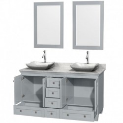 60 inch Double Bathroom Vanity in Oyster Gray, White Carrera Marble Countertop, Avalon White Carrera Marble Sinks, and 24 inch