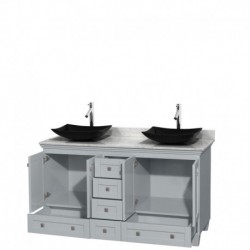 60 inch Double Bathroom Vanity in Oyster Gray, White Carrera Marble Countertop, Arista Black Granite Sinks, and No Mirrors