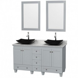 60 inch Double Bathroom Vanity in Oyster Gray, White Carrera Marble Countertop, Arista Black Granite Sinks, and 24 inch Mirrors