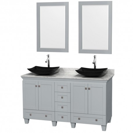 60 inch Double Bathroom Vanity in Oyster Gray, White Carrera Marble Countertop, Arista Black Granite Sinks, and 24 inch Mirrors