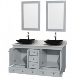 60 inch Double Bathroom Vanity in Oyster Gray, White Carrera Marble Countertop, Arista Black Granite Sinks, and 24 inch Mirrors