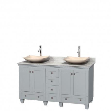 60 inch Double Bathroom Vanity in Oyster Gray, White Carrera Marble Countertop, Arista Ivory Marble Sinks, and No Mirrors