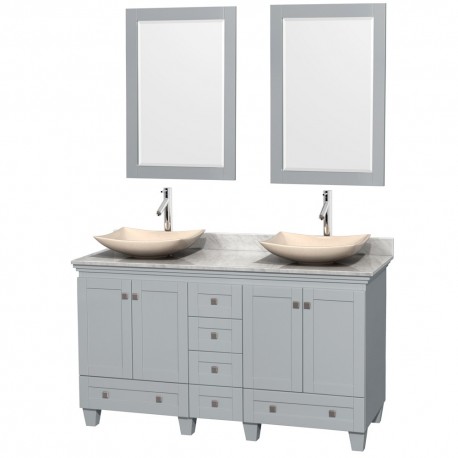 60 inch Double Bathroom Vanity in Oyster Gray, White Carrera Marble Countertop, Arista Ivory Marble Sinks, and 24 inch Mirrors