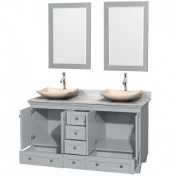 60 inch Double Bathroom Vanity in Oyster Gray, White Carrera Marble Countertop, Arista Ivory Marble Sinks, and 24 inch Mirrors