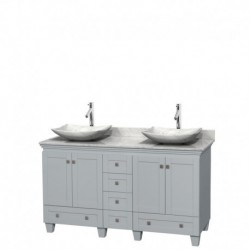 60 inch Double Bathroom Vanity in Oyster Gray, White Carrera Marble Countertop, Arista White Carrera Marble Sinks, and No Mirro