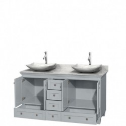 60 inch Double Bathroom Vanity in Oyster Gray, White Carrera Marble Countertop, Arista White Carrera Marble Sinks, and No Mirro