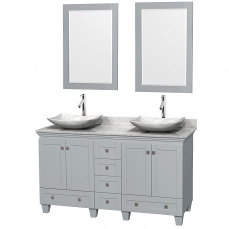 60 inch Double Bathroom Vanity in Oyster Gray, White Carrera Marble Countertop, Arista White Carrera Marble Sinks, and 24 inch
