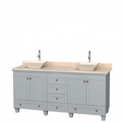 72 inch Double Bathroom Vanity in Oyster Gray, Ivory Marble Countertop, Pyra Bone Porcelain Sinks, and No Mirrors