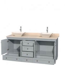 72 inch Double Bathroom Vanity in Oyster Gray, Ivory Marble Countertop, Pyra Bone Porcelain Sinks, and No Mirrors