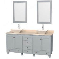 72 inch Double Bathroom Vanity in Oyster Gray, Ivory Marble Countertop, Pyra Bone Porcelain Sinks, and 24 inch Mirrors