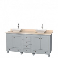 72 inch Double Bathroom Vanity in Oyster Gray, Ivory Marble Countertop, Pyra White Porcelain Sinks, and No Mirrors