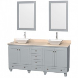 72 inch Double Bathroom Vanity in Oyster Gray, Ivory Marble Countertop, Pyra White Porcelain Sinks, and 24 inch Mirrors
