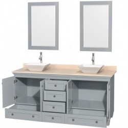 72 inch Double Bathroom Vanity in Oyster Gray, Ivory Marble Countertop, Pyra White Porcelain Sinks, and 24 inch Mirrors