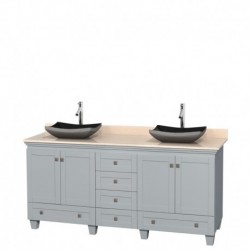 72 inch Double Bathroom Vanity in Oyster Gray, Ivory Marble Countertop, Altair Black Granite Sinks, and No Mirrors
