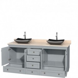 72 inch Double Bathroom Vanity in Oyster Gray, Ivory Marble Countertop, Altair Black Granite Sinks, and No Mirrors