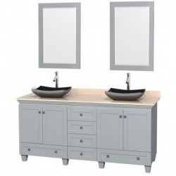 72 inch Double Bathroom Vanity in Oyster Gray, Ivory Marble Countertop, Altair Black Granite Sinks, and 24 inch Mirrors