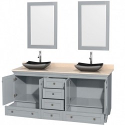 72 inch Double Bathroom Vanity in Oyster Gray, Ivory Marble Countertop, Altair Black Granite Sinks, and 24 inch Mirrors