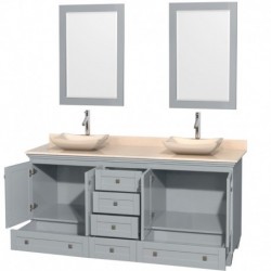 72 inch Double Bathroom Vanity in Oyster Gray, Ivory Marble Countertop, Avalon Ivory Marble Sinks, and 24 inch Mirrors