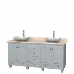 72 inch Double Bathroom Vanity in Oyster Gray, Ivory Marble Countertop, Avalon White Carrera Marble Sinks, and No Mirrors