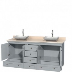 72 inch Double Bathroom Vanity in Oyster Gray, Ivory Marble Countertop, Avalon White Carrera Marble Sinks, and No Mirrors
