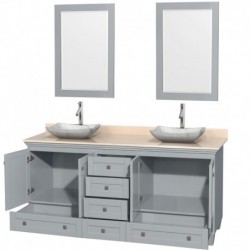 72 inch Double Bathroom Vanity in Oyster Gray, Ivory Marble Countertop, Avalon White Carrera Marble Sinks, and 24 inch Mirrors