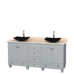 72 inch Double Bathroom Vanity in Oyster Gray, Ivory Marble Countertop, Arista Black Granite Sinks, and No Mirrors