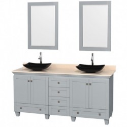 72 inch Double Bathroom Vanity in Oyster Gray, Ivory Marble Countertop, Arista Black Granite Sinks, and 24 inch Mirrors