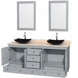 72 inch Double Bathroom Vanity in Oyster Gray, Ivory Marble Countertop, Arista Black Granite Sinks, and 24 inch Mirrors