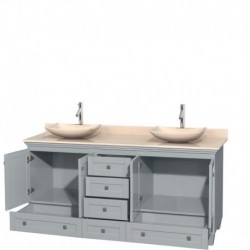 72 inch Double Bathroom Vanity in Oyster Gray, Ivory Marble Countertop, Arista Ivory Marble Sinks, and No Mirrors