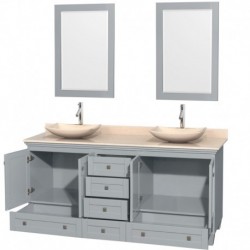 72 inch Double Bathroom Vanity in Oyster Gray, Ivory Marble Countertop, Arista Ivory Marble Sinks, and 24 inch Mirrors