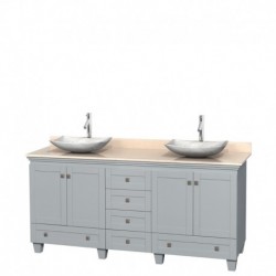 72 inch Double Bathroom Vanity in Oyster Gray, Ivory Marble Countertop, Arista White Carrera Marble Sinks, and No Mirrors
