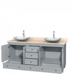 72 inch Double Bathroom Vanity in Oyster Gray, Ivory Marble Countertop, Arista White Carrera Marble Sinks, and No Mirrors
