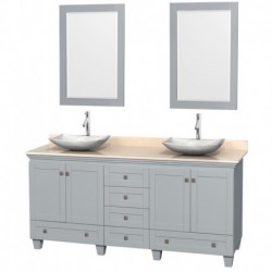 72 inch Double Bathroom Vanity in Oyster Gray, Ivory Marble Countertop, Arista White Carrera Marble Sinks, and 24 inch Mirrors