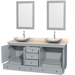 72 inch Double Bathroom Vanity in Oyster Gray, Ivory Marble Countertop, Arista White Carrera Marble Sinks, and 24 inch Mirrors