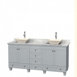 72 inch Double Bathroom Vanity in Oyster Gray, White Carrera Marble Countertop, Pyra Bone Porcelain Sinks, and No Mirrors