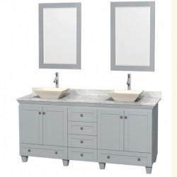 72 inch Double Bathroom Vanity in Oyster Gray, White Carrera Marble Countertop, Pyra Bone Porcelain Sinks, and 24 inch Mirrors