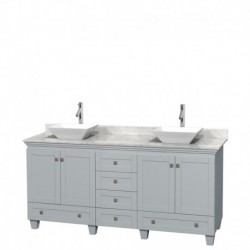 72 inch Double Bathroom Vanity in Oyster Gray, White Carrera Marble Countertop, Pyra White Porcelain Sinks, and No Mirrors