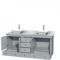 72 inch Double Bathroom Vanity in Oyster Gray, White Carrera Marble Countertop, Pyra White Porcelain Sinks, and No Mirrors