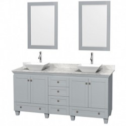 72 inch Double Bathroom Vanity in Oyster Gray, White Carrera Marble Countertop, Pyra White Porcelain Sinks, and 24 inch Mirrors