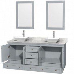 72 inch Double Bathroom Vanity in Oyster Gray, White Carrera Marble Countertop, Pyra White Porcelain Sinks, and 24 inch Mirrors