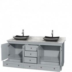72 inch Double Bathroom Vanity in Oyster Gray, White Carrera Marble Countertop, Altair Black Granite Sinks, and No Mirrors