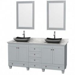 72 inch Double Bathroom Vanity in Oyster Gray, White Carrera Marble Countertop, Altair Black Granite Sinks, and 24 inch Mirrors
