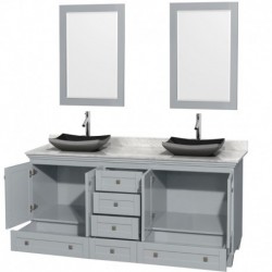72 inch Double Bathroom Vanity in Oyster Gray, White Carrera Marble Countertop, Altair Black Granite Sinks, and 24 inch Mirrors