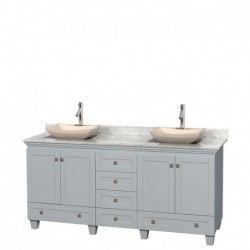 72 inch Double Bathroom Vanity in Oyster Gray, White Carrera Marble Countertop, Avalon Ivory Marble Sinks, and No Mirrors